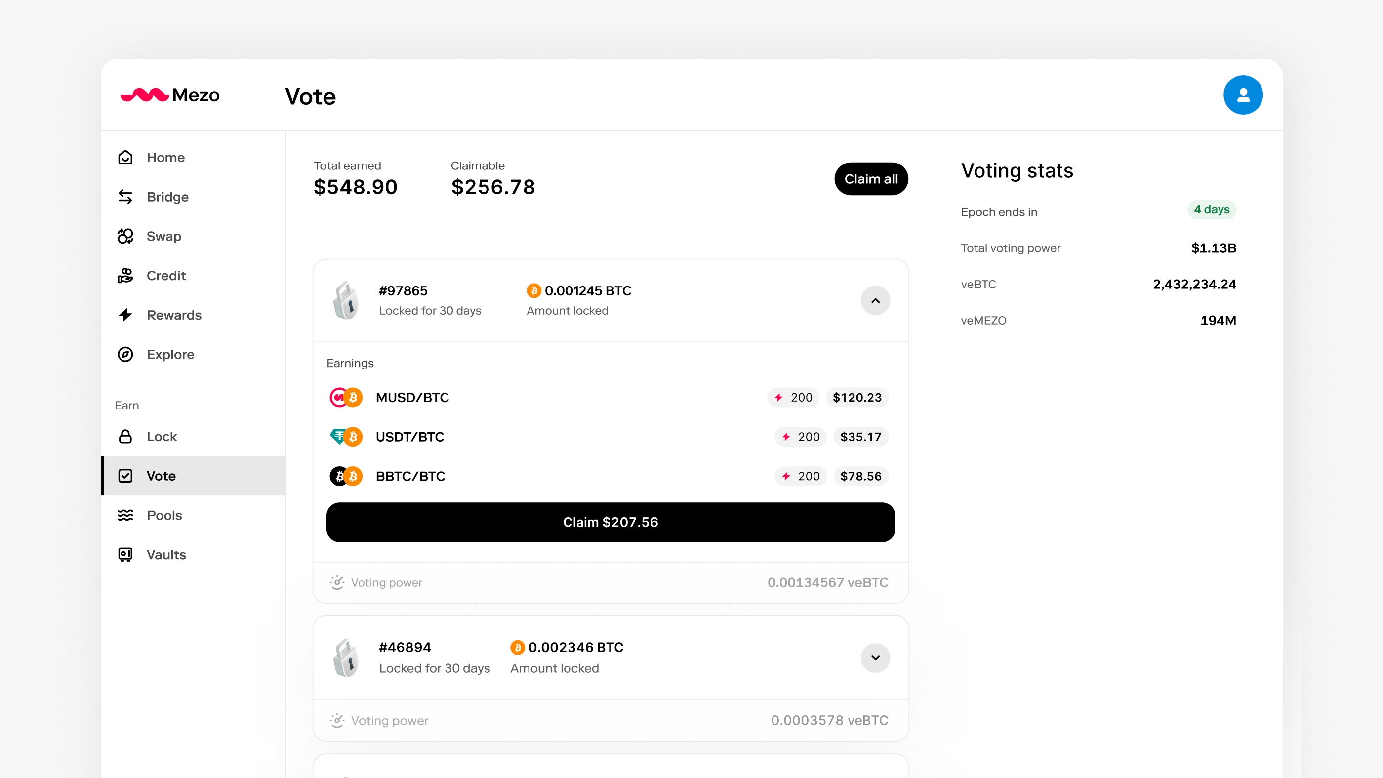 Mezo Earn voting flow detail